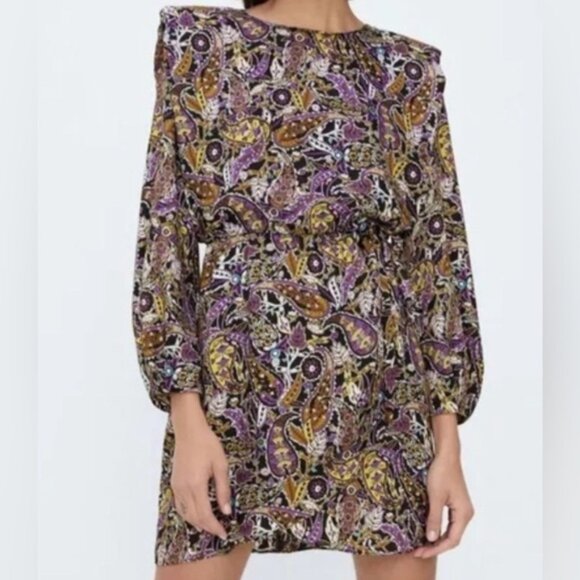 Zara Women’s Dress Small Mini Dress Paisley Long Sleeve Size Small Multicolor - Picture 1 of 10